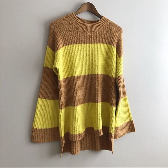 BP Oversized Striped Soft Stretchy Knit Sweater Shirt Yellow Brown - Picture 1 of 12